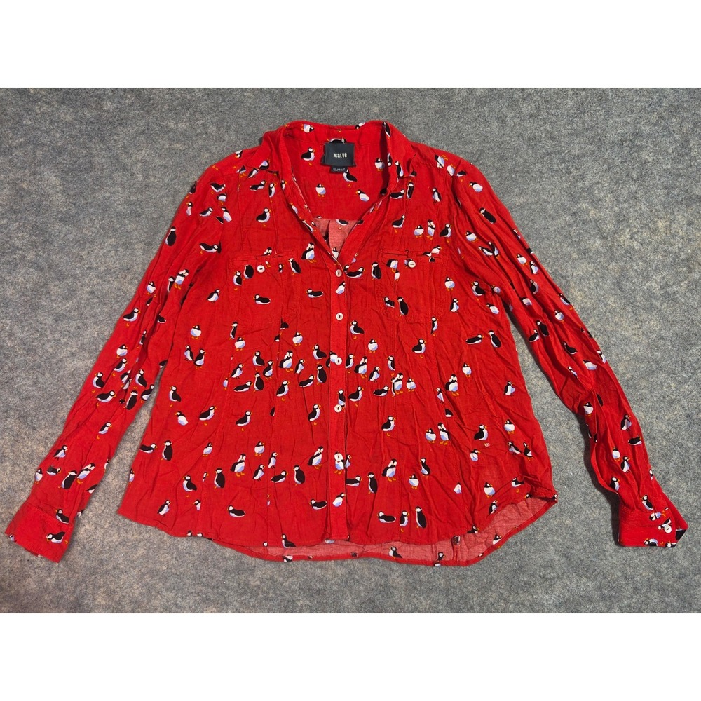 Maeve Anthropologie Red Puffin Bird Print Rayon Button Down Shirt Womens Size 2